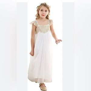 Bow Dream Off White Ivory White Vintage Rustic Baptism Lace Flower Girl's Dress